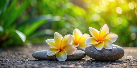 Soothing relaxation with volcanic stone surrounded by frangipani flowers in a serene outdoor setting , volcanic rock, outdoor relaxation