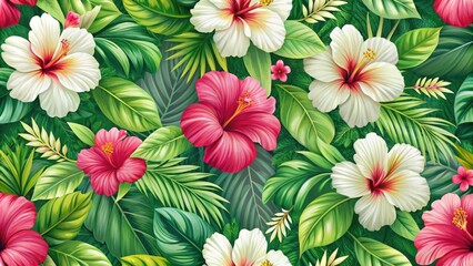 Tropical floral seamless pattern featuring vibrant hibiscus flowers with delicate white and pink petals, set against a bright green leafy background, hibiscus, seamless