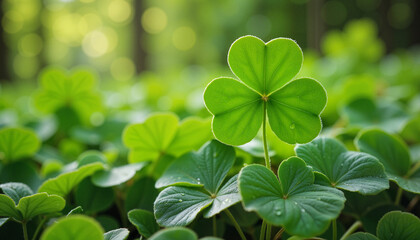 Close-up of a dewy four-leaf clover in lush green field, good luck