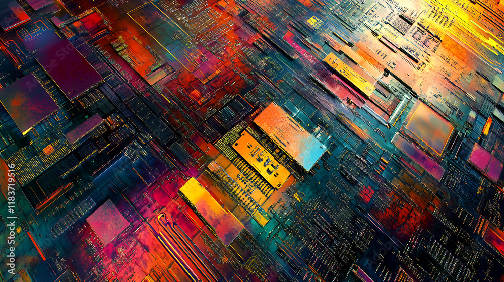 Poster Tech evolution, photo capturing futuristic semiconductor data circuit abstraction