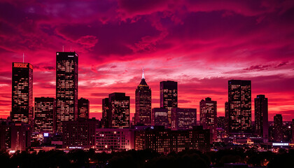 Obraz premium Urban skyline at dusk with vibrant pinks and reds, cityscape beauty