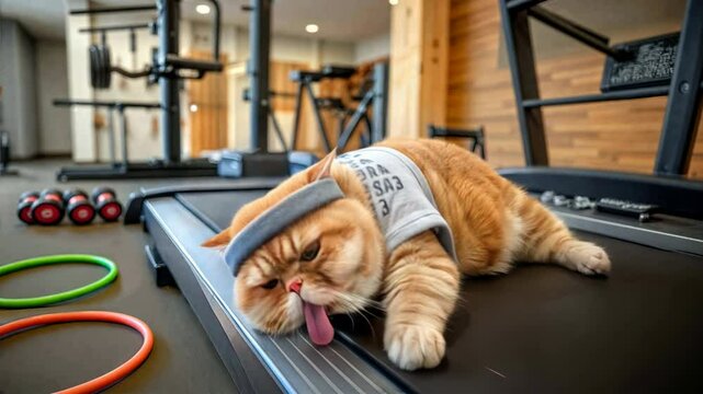 Funny ginger cat in sports outfit lying on treadmill with tongue out as machine drags it back and forth, comic pet workout parody, lazy gym humor. Exhausted cat struggling during exercise training