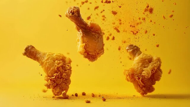 Three golden, crispy fried chicken drumsticks with crumbs and spices flying mid-air on yellow