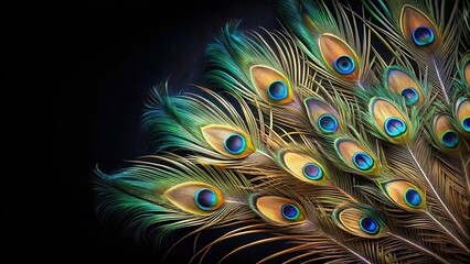 Obraz premium Elegant peacock feather spread on a dark black background with intricate patterns and vibrant colors, showcasing its majestic beauty and unique texture , wildlife, colorful