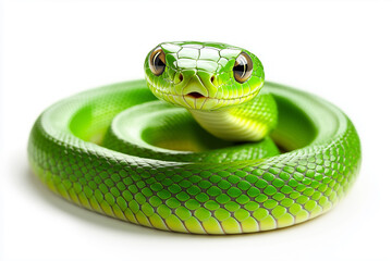 Fototapeta premium Closeup of bright green snake with detailed scales, coiled and resting, isolated on white transparent background, reptiles or wildlife, symbolizing Chinese Lunar New year