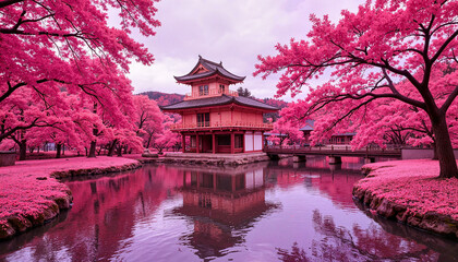 Tranquil Japanese garden in pink infrared tones, cultural serenity