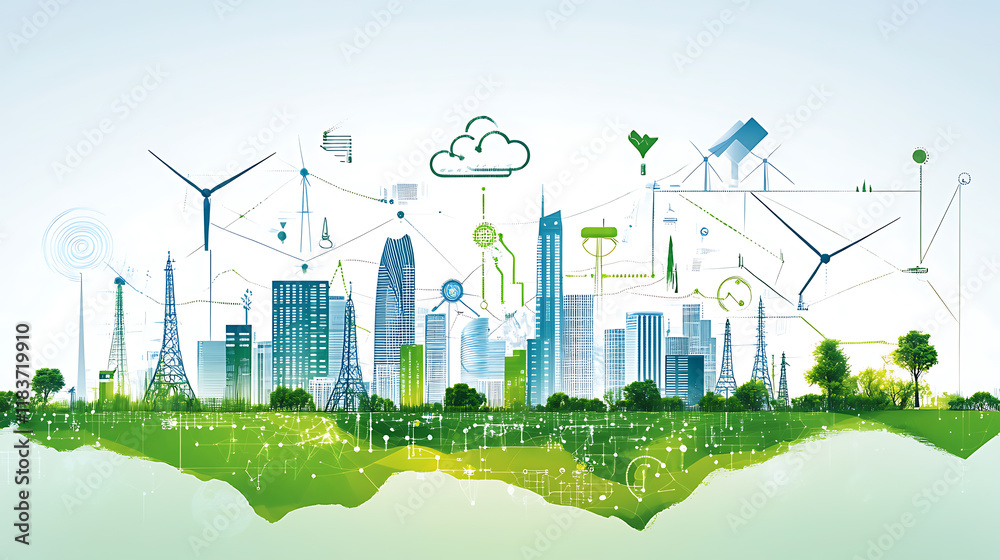 Aufkleber This image illustrates the use of digital technology for energy digitization and communication for internet businesses, the network on earth and the internet of things are represented together in this
