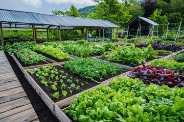 Urban farming initiative showcasing community gardens in a lush green environment aerial view promoting sustainable agriculture