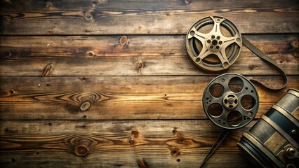 Obraz premium Vintage film reel background with worn wooden texture and aged camera equipment, vintage reels, nostalgic atmosphere