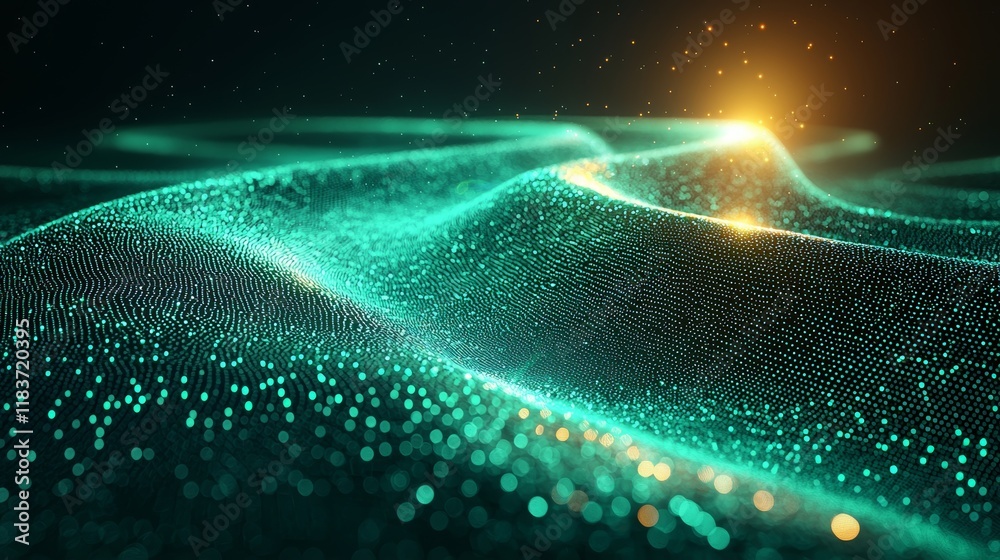 Poster a dynamic array of glowing particles forms an abstract wave in a futuristic scene depicted against a