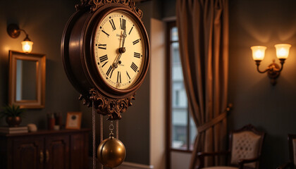 Naklejka premium Ornate clock with pendulum in classical music study room, timeless elegance