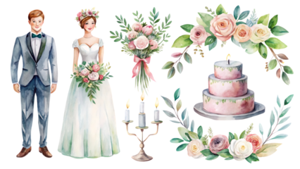 Man and woman are dressed in wedding attire. On transparent background. Png file