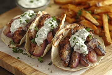 Gyros with tzatziki and fries served on parchment
