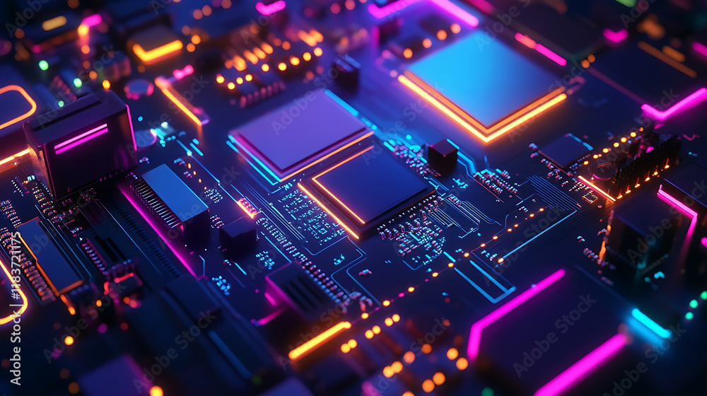 Leinwandbilder upgrade or repair of gaming computer hardware in the dark with neon lights, configuration or repair 