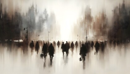Artistic painting of silhouettes of people in the city on an ochre background