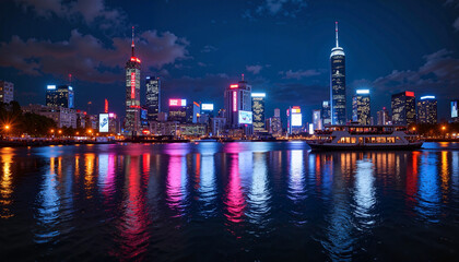 Naklejka premium Neon reflections on river at dusk, vibrant city lights