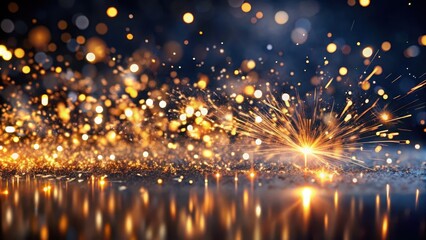 Fototapeta premium Glowing flow of steel metal spark dust particles and bokeh shine in dark background