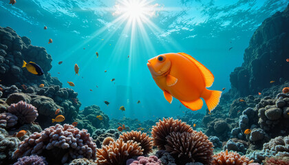 Obraz premium Vibrant neon orange fish swimming through coral reef, underwater beauty