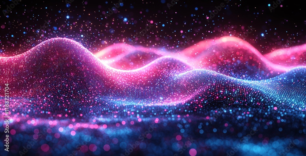 Poster abstract dot points connected with a gradient line and intricate wave line design, conveying the con