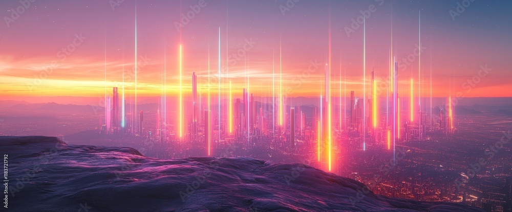 Poster an intricate wave line design links smart city ideas with abstract dot points through a gradient lin