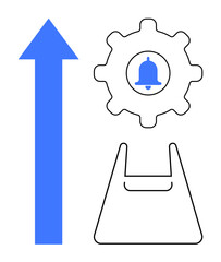 Blue arrow pointing upwards, gear with a bell inside, and a shopping bag outline. Ideal for concepts thumbs up progress, notifications, e-commerce, settings, advancements, productivity