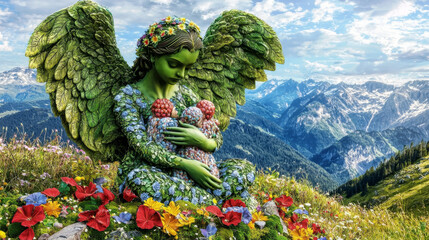 Obraz premium Green angel cradles floral cherubs, overlooking alpine panorama.