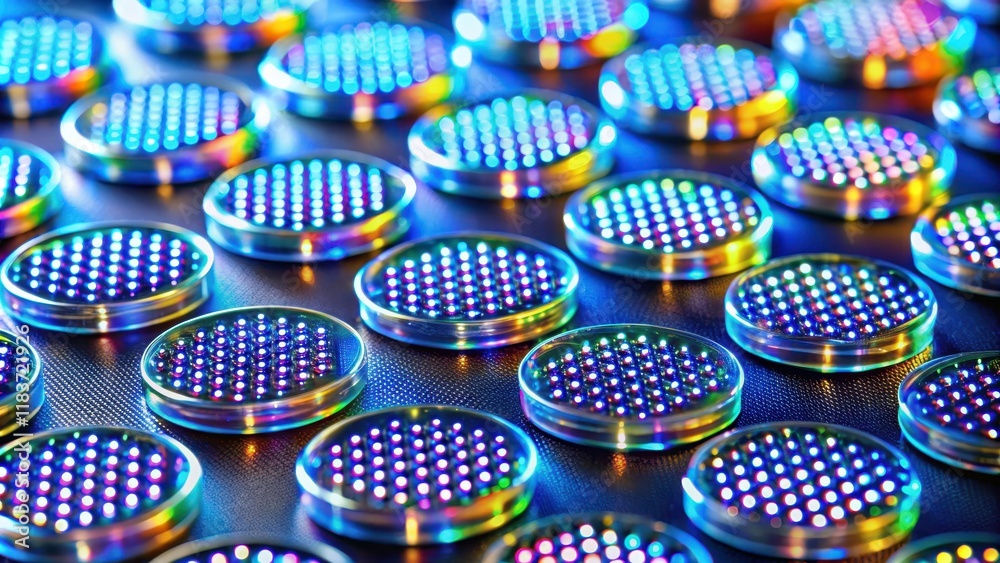 Wall mural tiny microlenses arranged in a two-dimensional array on a silicon wafer surface, each lens exhibitin
