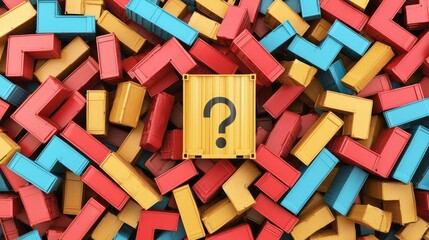 A colorful arrangement of blocks featuring a central box with a question mark, symbolizing curiosity and exploration in a playful setting.