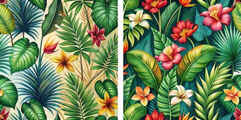 Detailed tropical leaf and flower seamless pattern set with vibrant colors, exotic plants, nature-inspired art