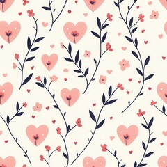 Seamless Floral and Heart Pattern on Light Background
