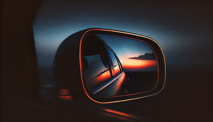 A serene sunset reflection in a car side mirror