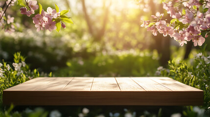 Naklejka premium Wooden boards for product display in a spring natural environment with flowers