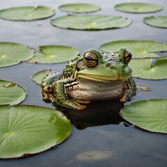 "A cartoon-style frog smiling and sitting comfortably on a lily pad, with a clean white background."