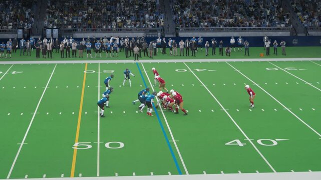 Edited Playback Montage of a National American Football Championship Match. Professional League Teams Play, Big Event Stadium Crowd of Fans Cheering. Big Game Arena. Mock-up Sports Channel Television