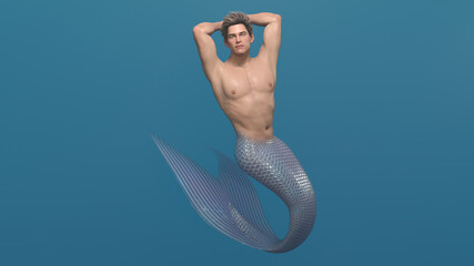 3D render: a merman creature character is swimming the deep blue sea