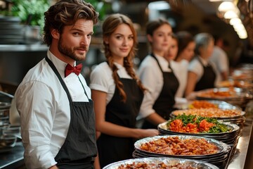 The restaurant manager and his staff are in the terrace, interacting with the head chef in the restaurant