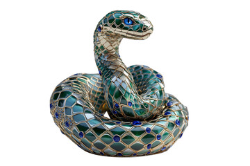 Fototapeta premium Elegant emerald snake sculpture with mosaic patterns and blue gemstones isolated on white transparent background, reptiles or wildlife, symbolizing Chinese Lunar New year