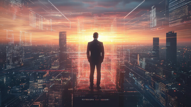 A businessman stands in front of a cityscape, surrounded by digital data, technology, and a global network concept