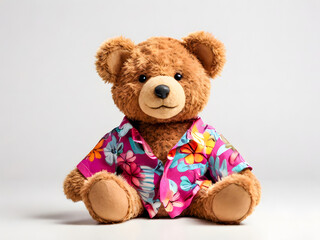 Obraz premium A cuddly brown teddy bear is dressed in a vibrant Hawaiian shirt, sitting against a clean white background. It is playful expression and colorful attire