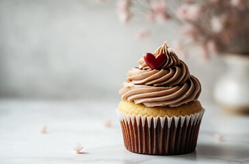 Vanilla cupcake muffin with a red heart on whipped mocha mousse with flowers on kitchen. Design template for love, sweets and cards for party, birthday and Valentine's day with place for text.