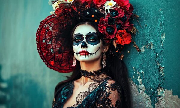 Hispanic woman with Dia de los Muertos makeup and floral headdress in traditional clothing
