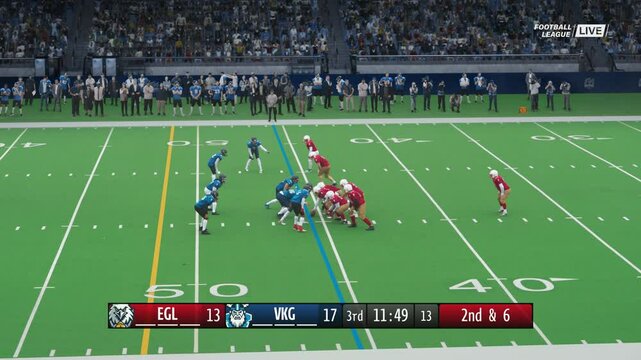Edited Montage: National American Football Championship. Professional League Match. Game Play Diagrams, Tracking Analysis Visuals, Lower Third Graphics. Sport TV Mockup. Playback Repeat Aerial Drone