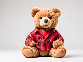 Obraz premium A stylish teddy bear is striking a pose in a red plaid shirt, showcasing its fashionable side. Its soft fur and casual attire make it a versatile image.