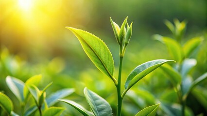 Obraz premium A delicate tea bud unfolding on a green stem, greenery, organic, greenery, organic,floral, herb, plant,fresh tea bud, tea leaves
