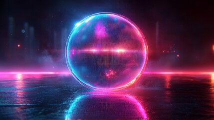 Science and technology abstract graphic background with a sphere planet circle featuring blue and pink tones on a dark background