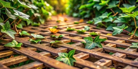 Fototapeta premium Ivy crawling on wooden lattice with leaves scattered all over the surface, foliage, garden, foliage, garden, green, flora, plant