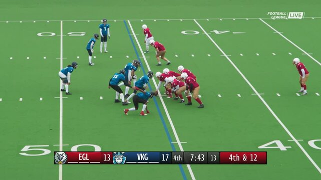 American Football TV Broadcast Montage with Digital Score Bug Animation. Two Teams Playing in a Tournament. Teams Tackle the Ball, Throw and Score Runs During a Championship Match. Screen Replacement