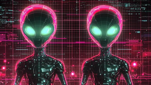 Two Neon-Lit Alien Cyborgs Against a Digital Grid Background