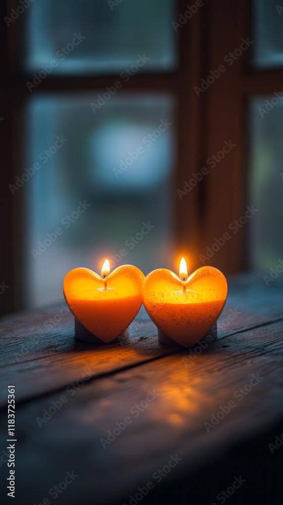 Poster two heart-shaped candles gently flicker on a rustic wooden table, casting a soft, warm glow in a ser