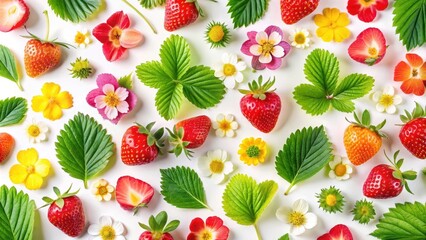 Vibrant strawberry pattern with multicolored flowers and leaves on a white background , pattern, fruit,  pattern, fruit